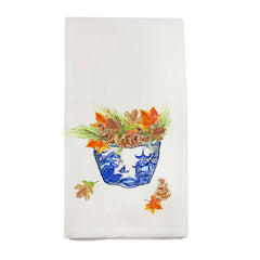 French Graffiti Blue White Bowl with Fall Leaves Hand Towel